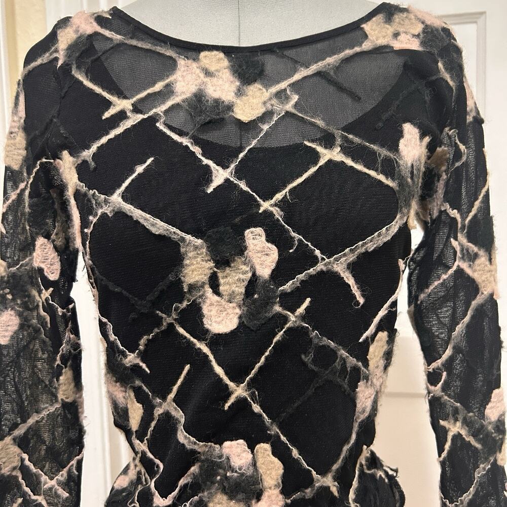FEELGOOD Paris Sheer Mesh Felted Floral Top Black Long Sleeve Artwear